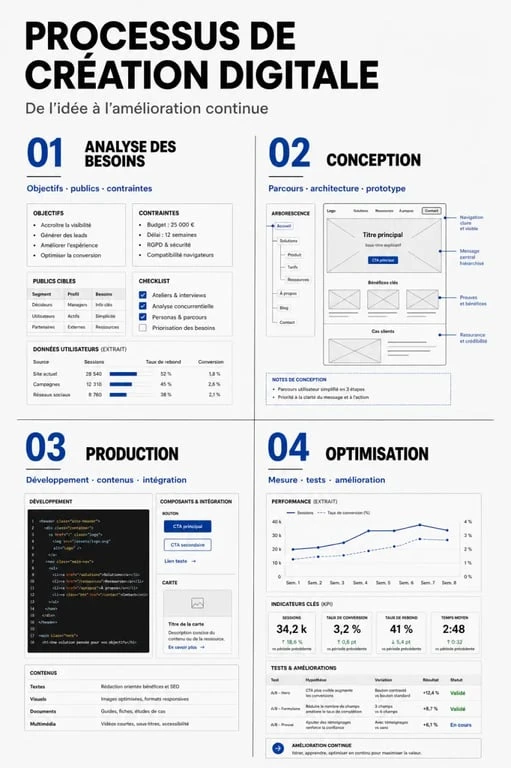 Schéma du processus de création digitale : analyse, conception, production et optimisation.