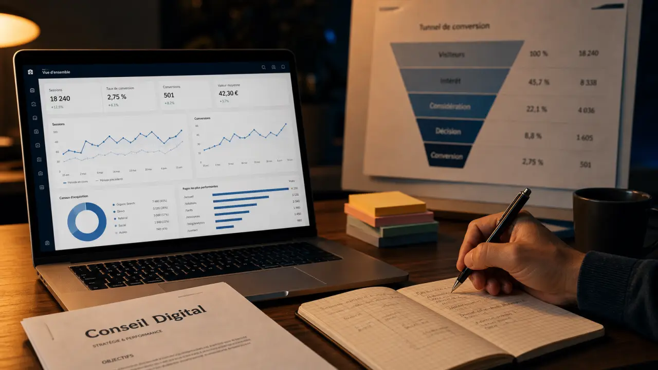 Consultant digital freelance en bureau : analytics KPI et conseil digital