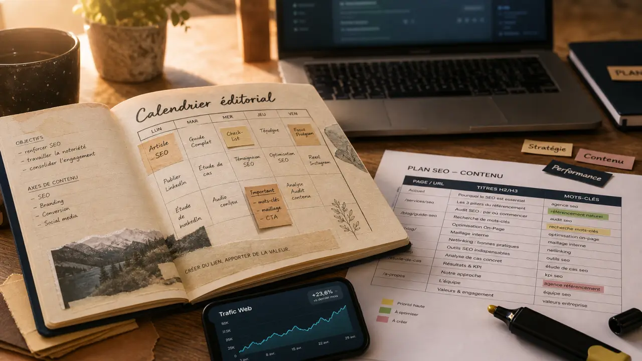 Création de contenu web : calendrier éditorial SEO et trafic