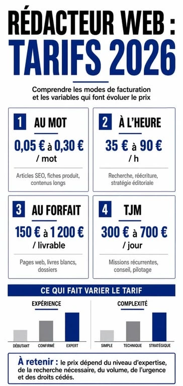Infographie sur le rédacteur web tarif avec fourchettes de prix et modes de facturation