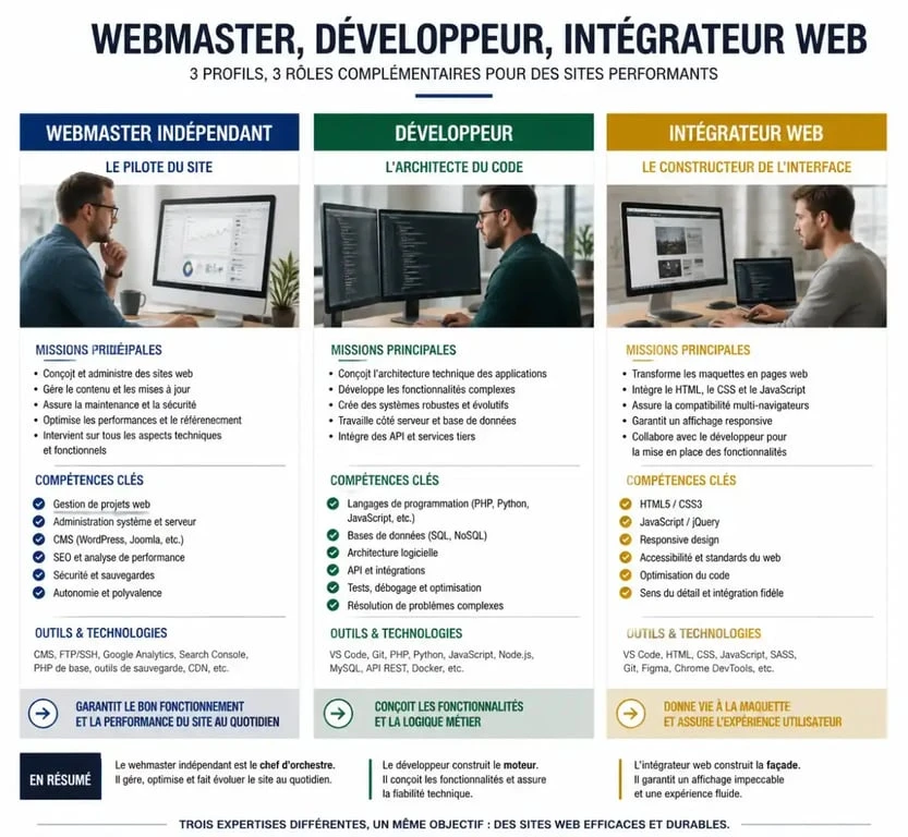 Infographie comparative des rôles : webmaster indépendant, développeur et intégrateur web pour votre projet de site internet.