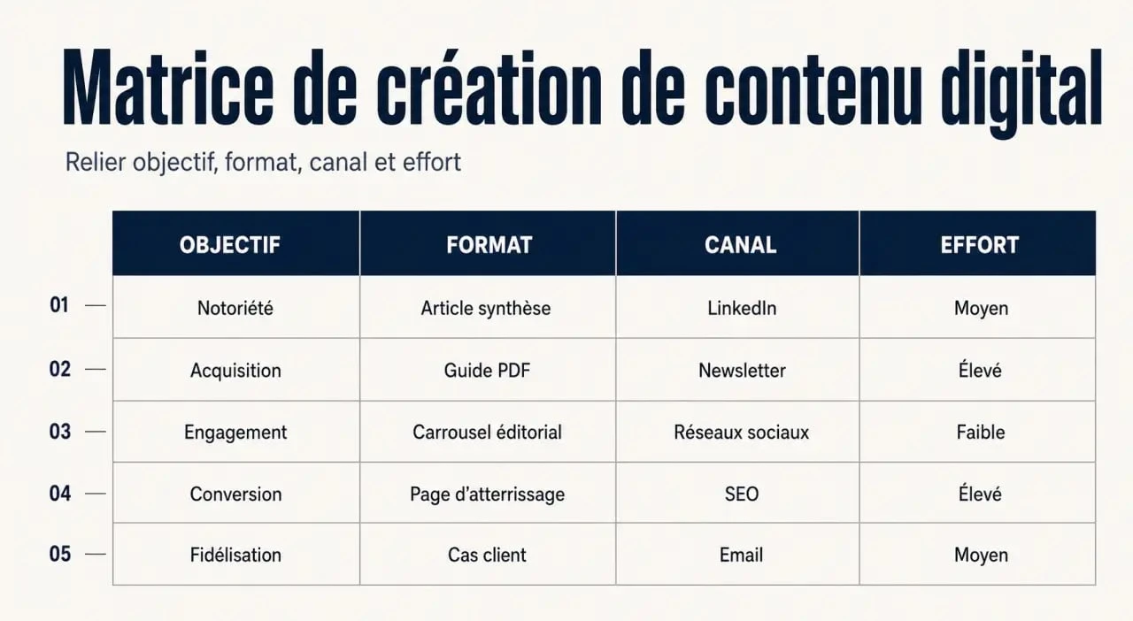 Création de contenu digital : matrice des formats selon l’objectif, le canal et l’effort