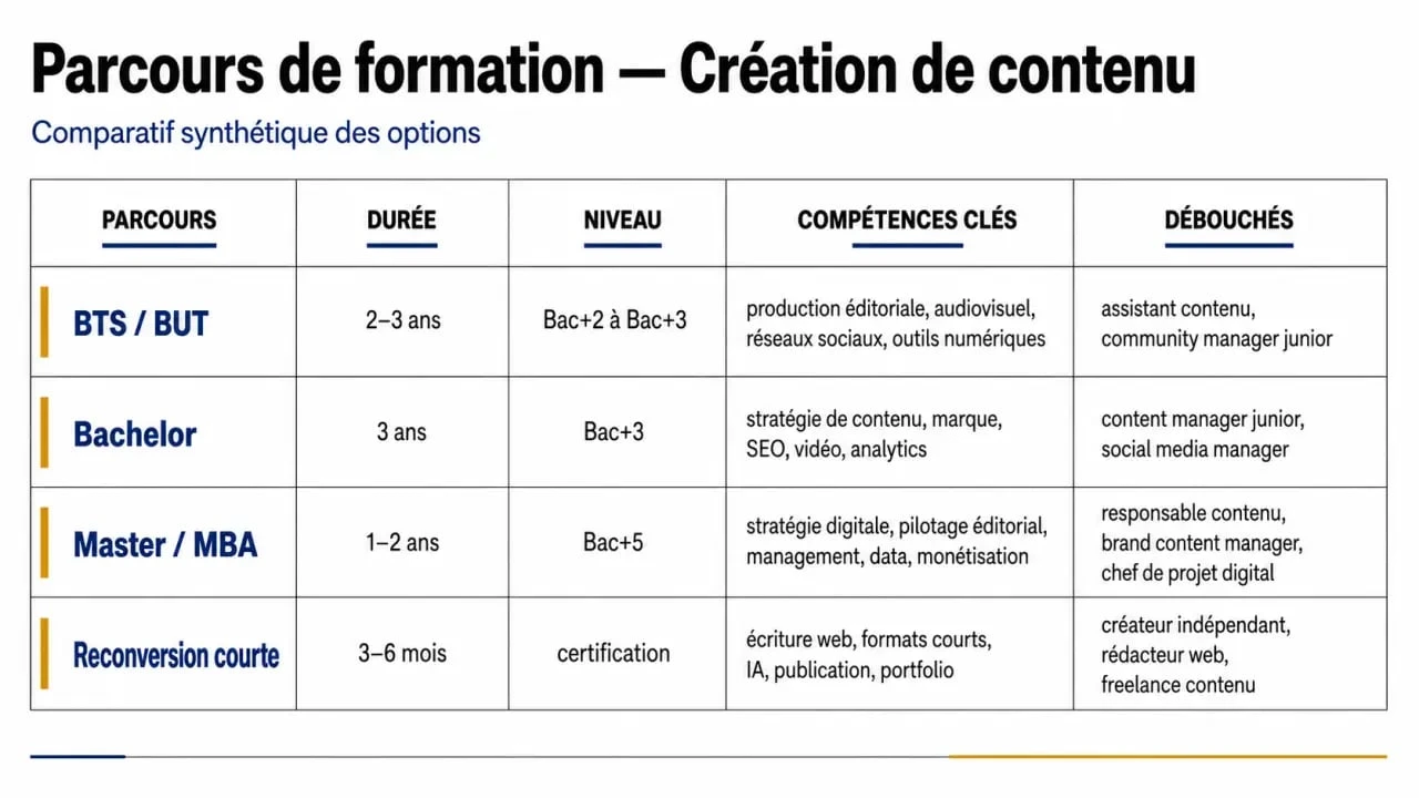 Comparatif des parcours de formation création de contenu du BTS au Master