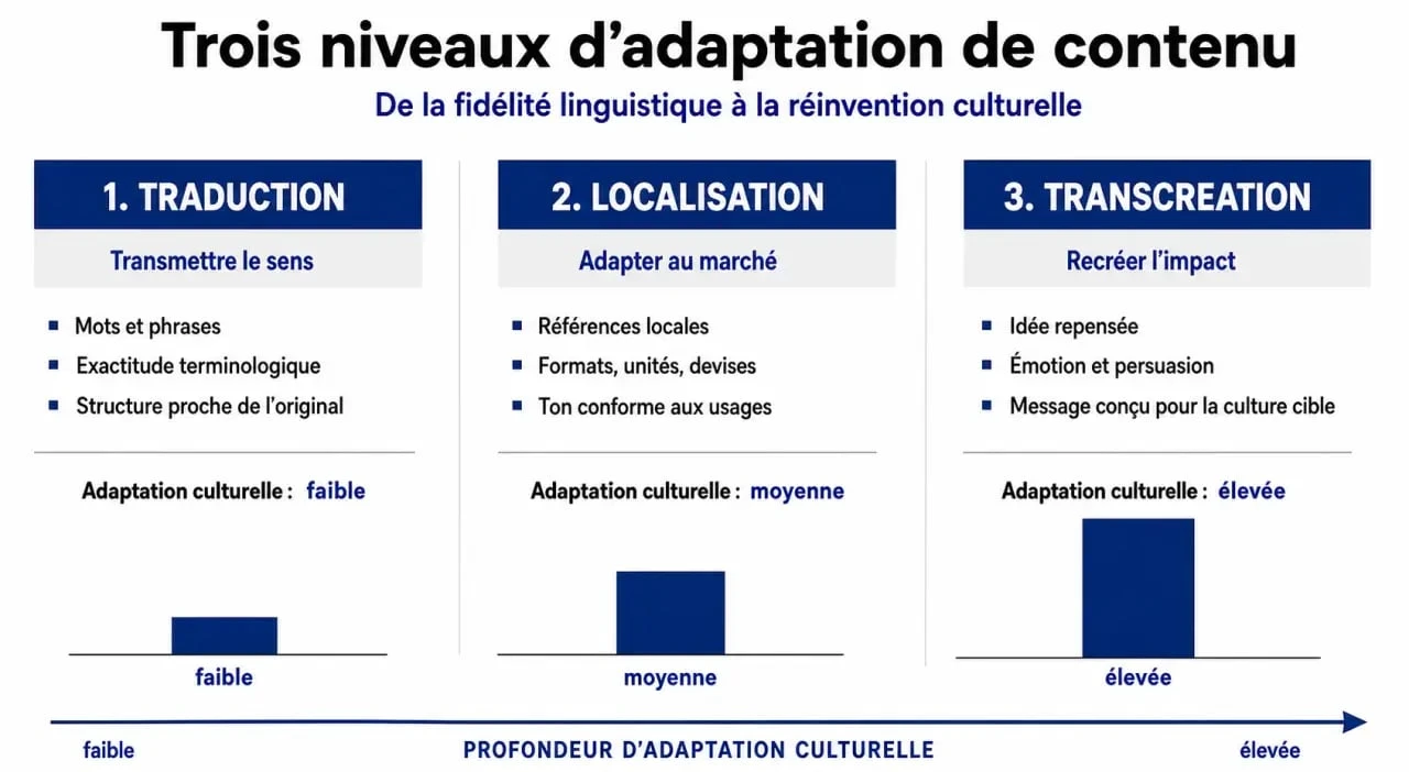 Différence entre traduction, localisation et transcréation dans une stratégie SEO international