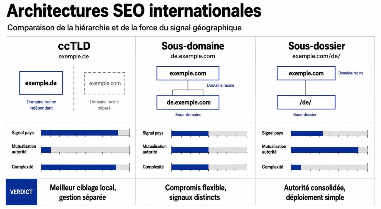 Comparaison des structures d'URL pour une stratégie SEO international : ccTLD, sous-domaine et sous-dossier