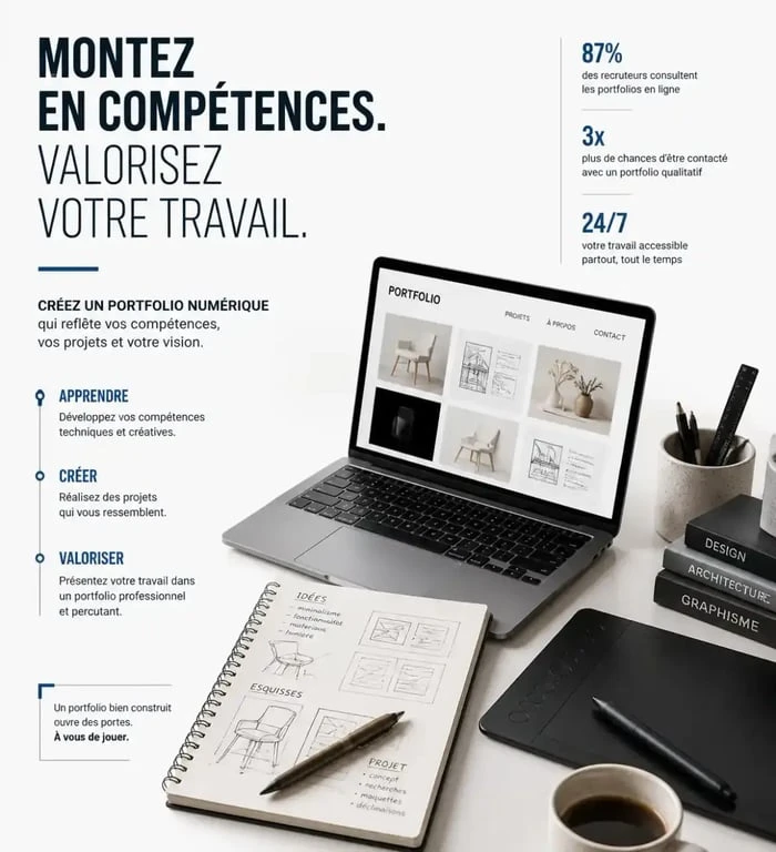 Espace de travail moderne pour le télétravail sans diplôme mettant en avant les compétences numériques