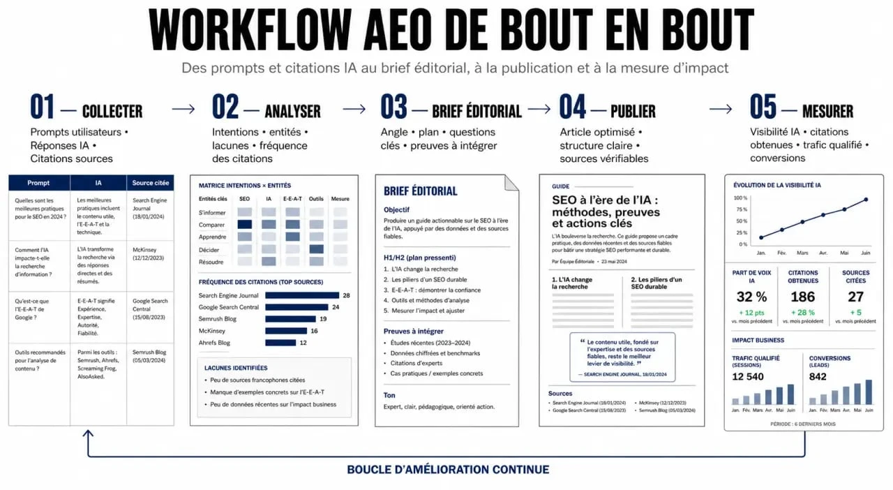 Workflow des outils AEO intégration workflows création contenu de la détection à la mesure d’impact