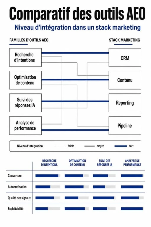 Comparatif des outils AEO intégration workflows création contenu selon CRM, citations IA et niveau d’intégration