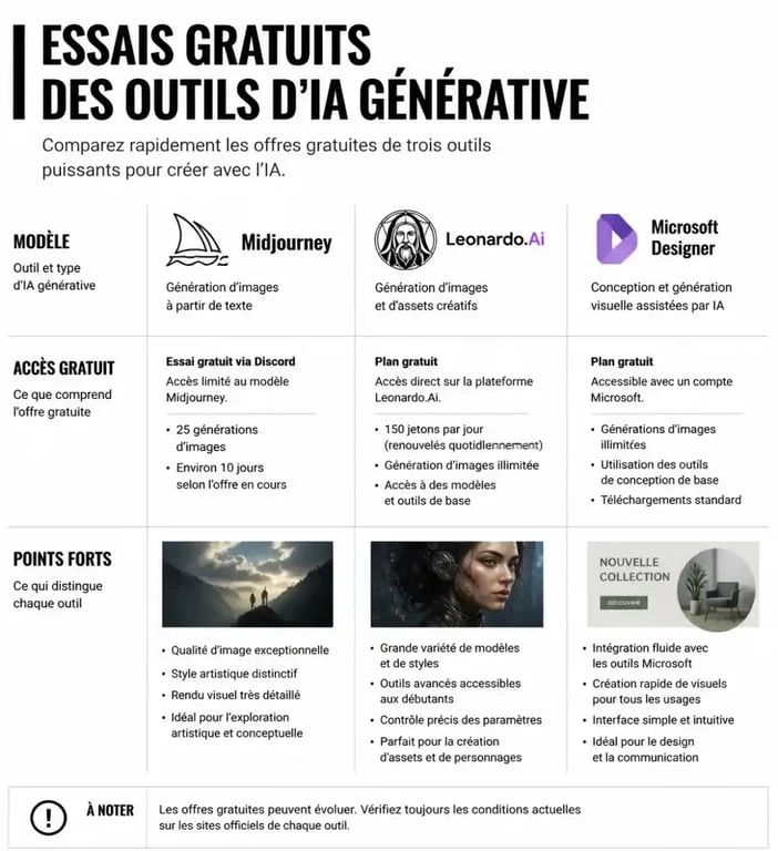 Comparatif des options d'essai gratuit pour Midjourney et ses alternatives IA