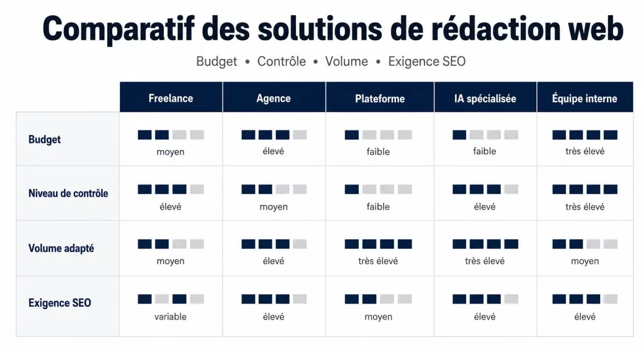 Externalisation rédaction web : visuel comparatif des options freelance, agence, plateforme, IA et équipe interne