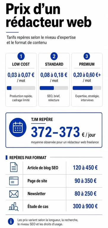 Infographie sur le rédacteur web prix avec fourchettes low cost, standard et premium