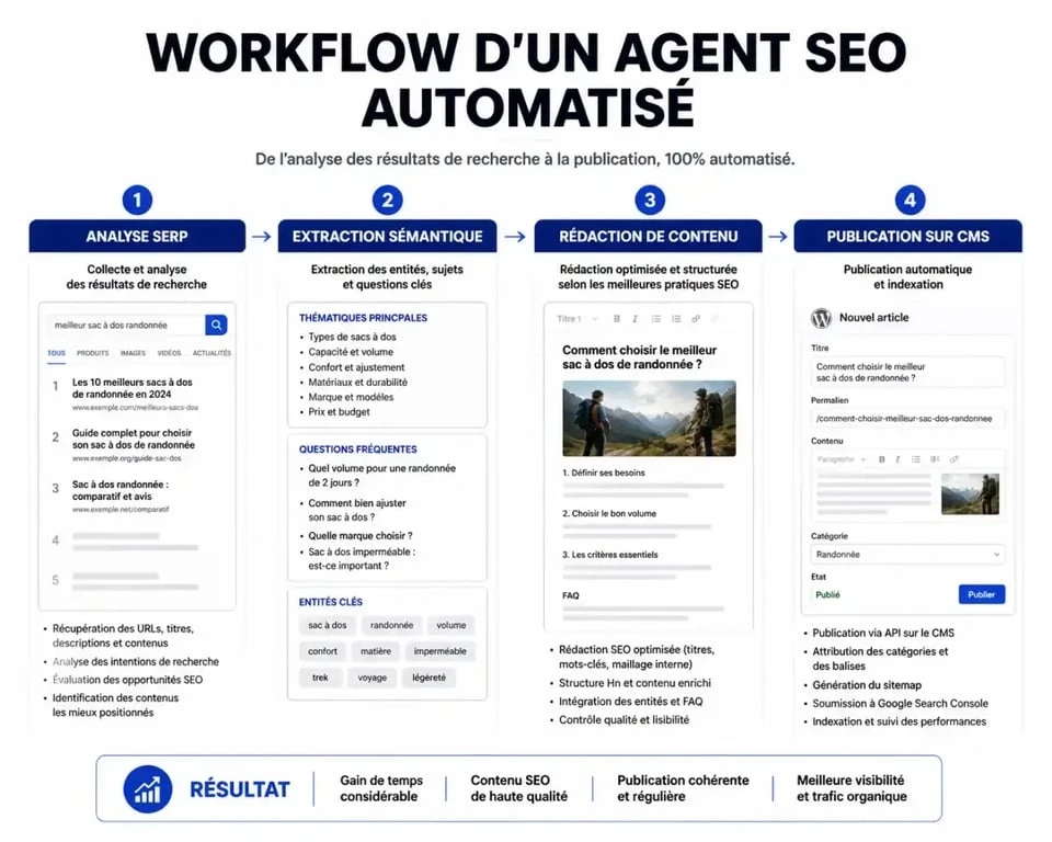 Workflow d'un agent SEO automatisé : de l'analyse SERP à la publication