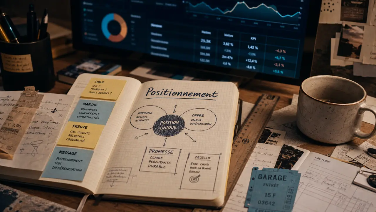 Marketing strategist : positionnement audience KPIs sur tableau KPI flou