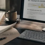 Rédaction web SEO sur bureau : carnet, clavier et mots-clés
