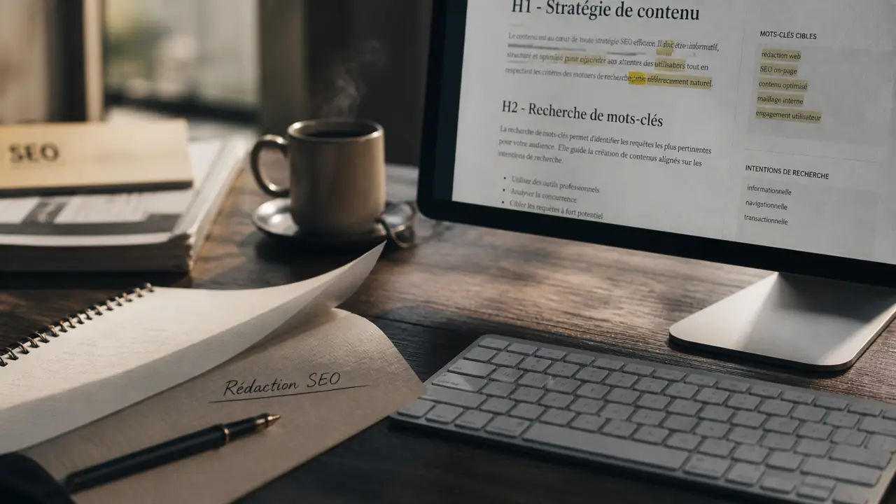 Rédaction web SEO sur bureau : carnet, clavier et mots-clés