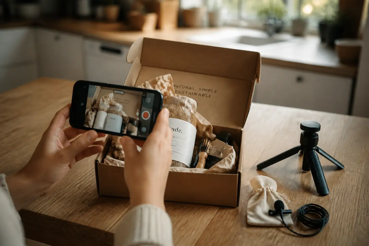 UGC creator filme unboxing smartphone en cuisine