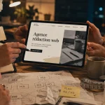 Agence de rédaction web : stratégie SEO sur bureau avec équipe et graphes