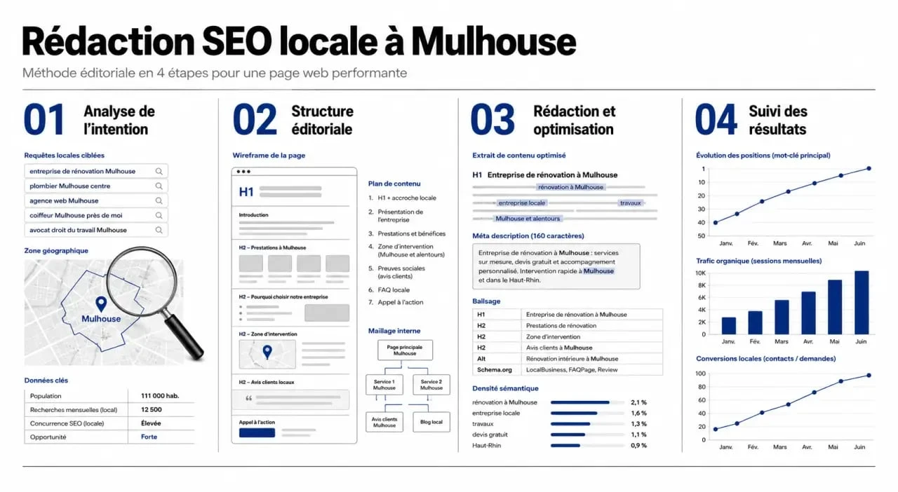 Rédaction SEO page web Mulhouse : processus en 4 étapes pour optimiser visibilité et conversion