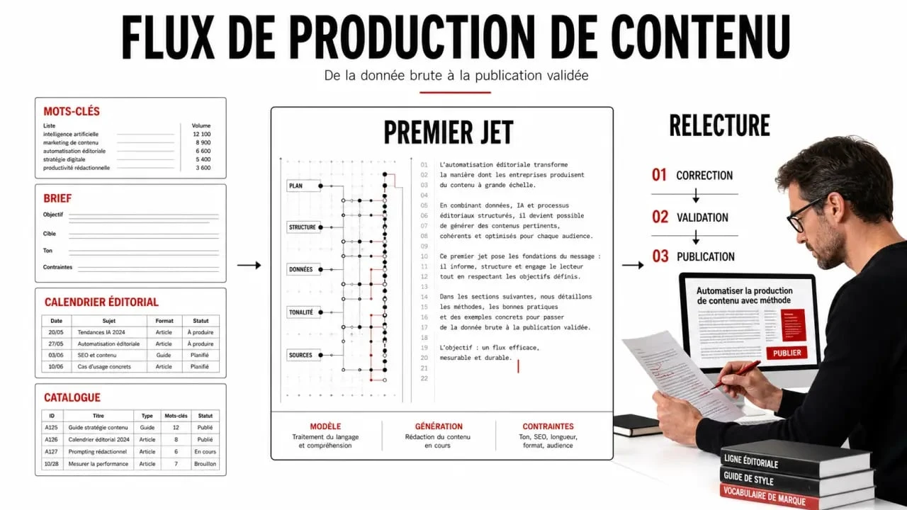Création automatique de contenu : workflow avec IA, relecture humaine et validation éditoriale