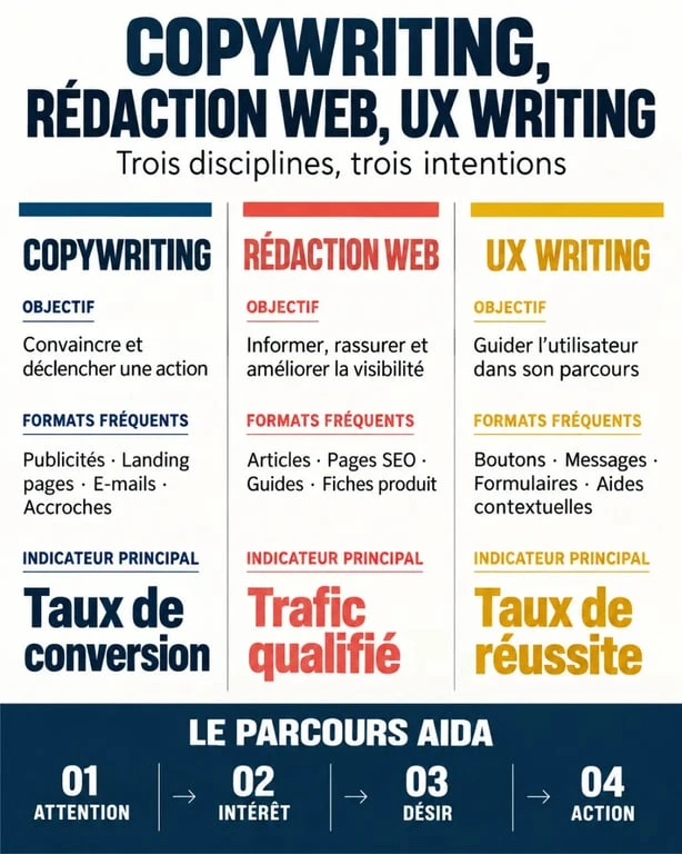 Infographie sur la définition du copywriting et ses différences avec la rédaction web et l’UX writing