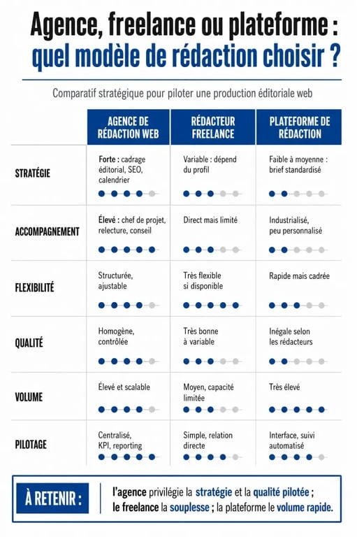 Comparatif agence de rédaction web, freelance et plateforme de rédaction web