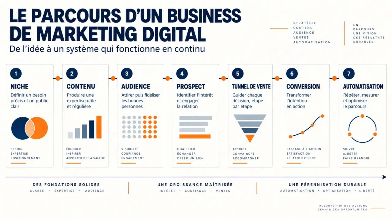 Schéma du parcours d’une formation DSA marketing digital, de la niche à la conversion