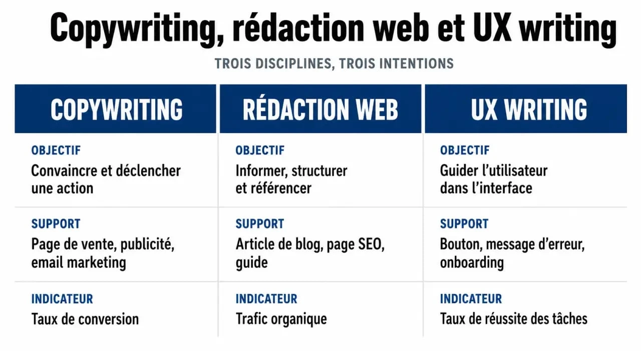 Copywriting c'est quoi : tableau comparatif entre copywriting, rédaction web et UX writing