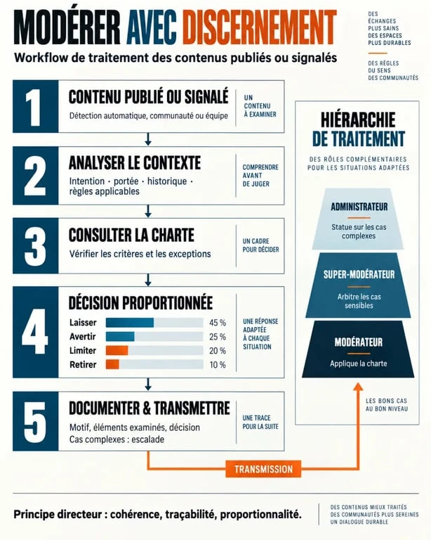 Workflow du modérateur de contenu, de l’analyse d’un signalement à la décision
