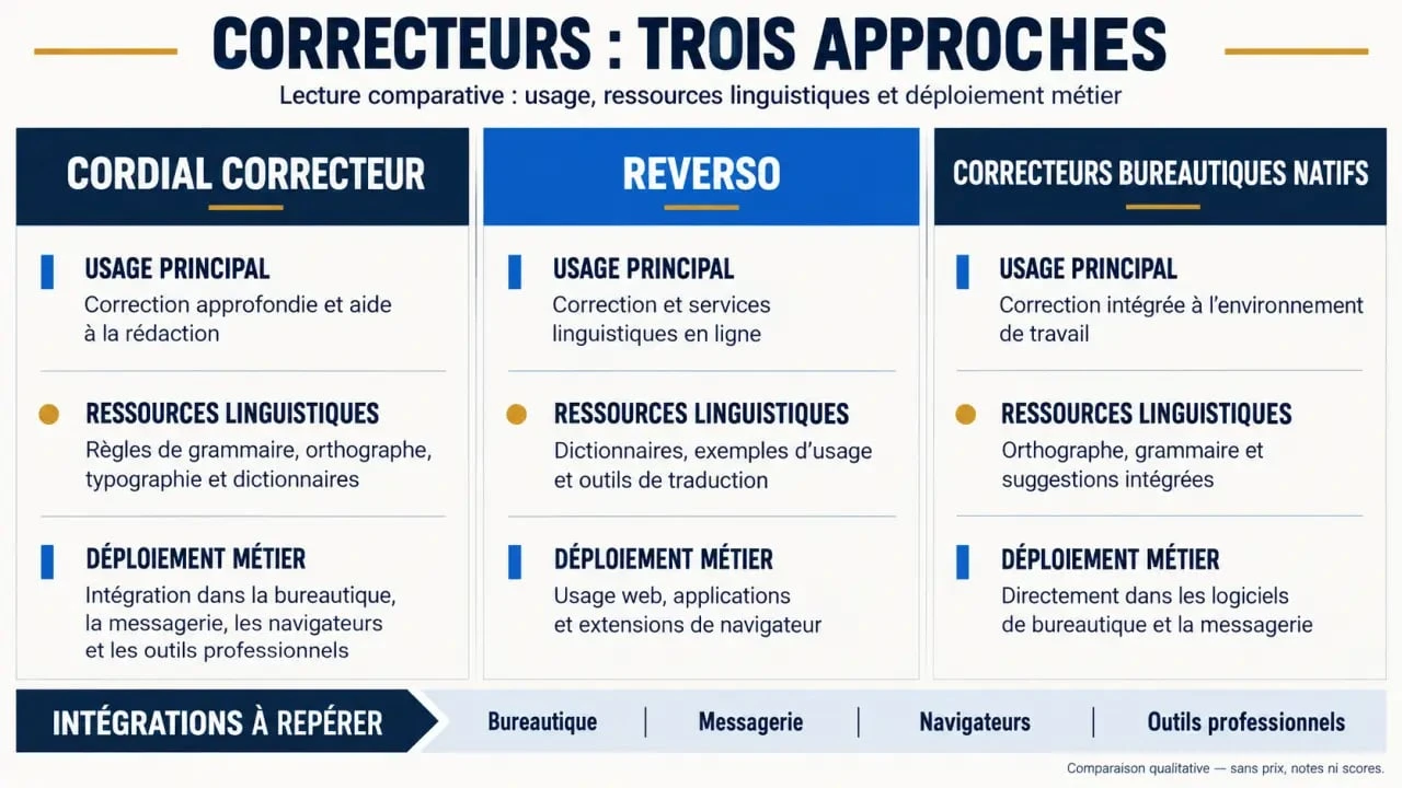 Infographie comparative de Cordial correcteur, Reverso et des correcteurs bureautiques natifs