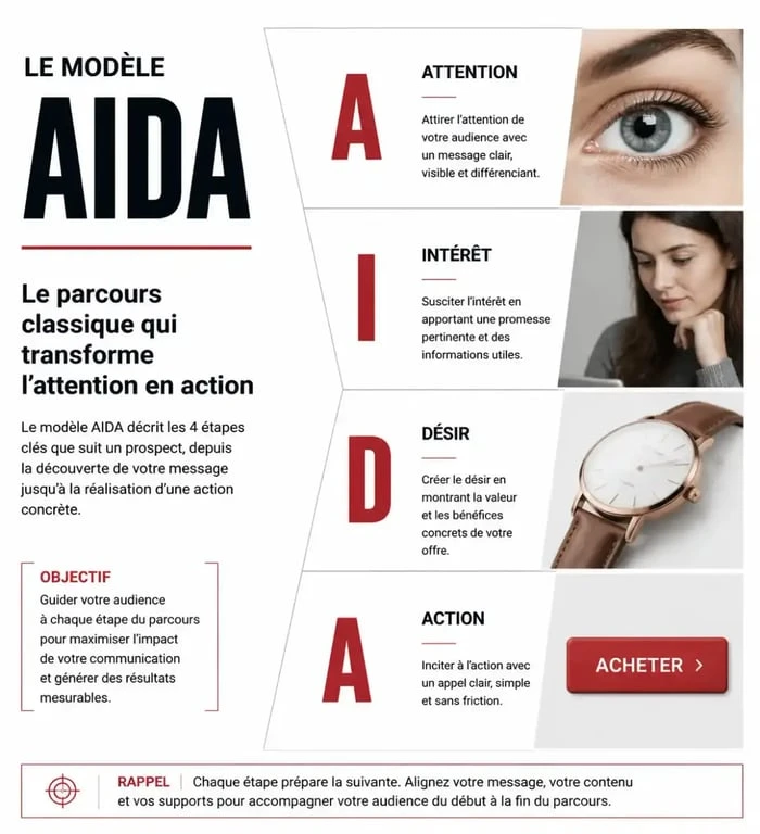 Schéma explicatif du modèle AIDA pour le copywriting