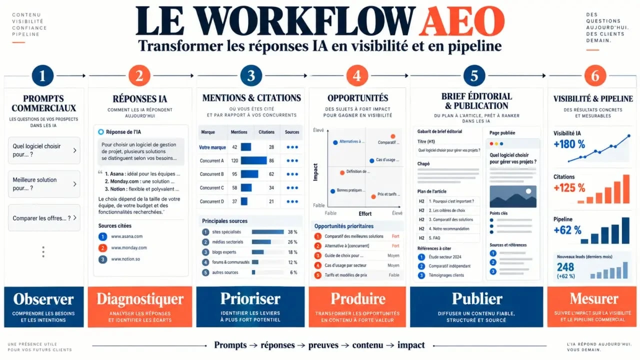 Infographie des outils liant insights AEO workflows création contenu, du prompt à la mesure des résultats