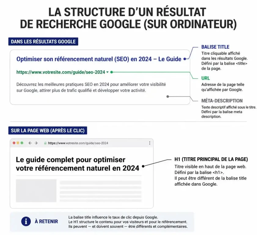 Anatomie d'un résultat de recherche Google : différence entre balise title et H1 pour le SEO