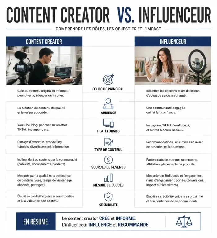 Comparaison visuelle entre le métier de créateur de contenu et celui d'influenceur