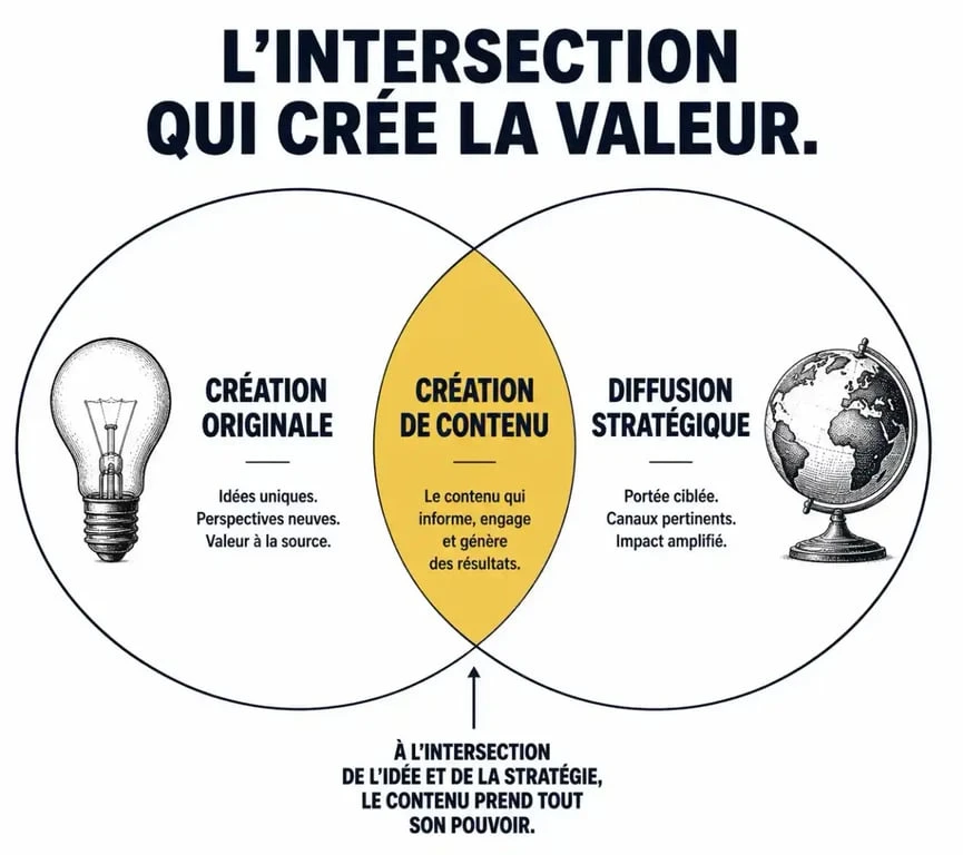 Schéma illustrant l'intersection entre création originale et diffusion stratégique pour la création de contenu