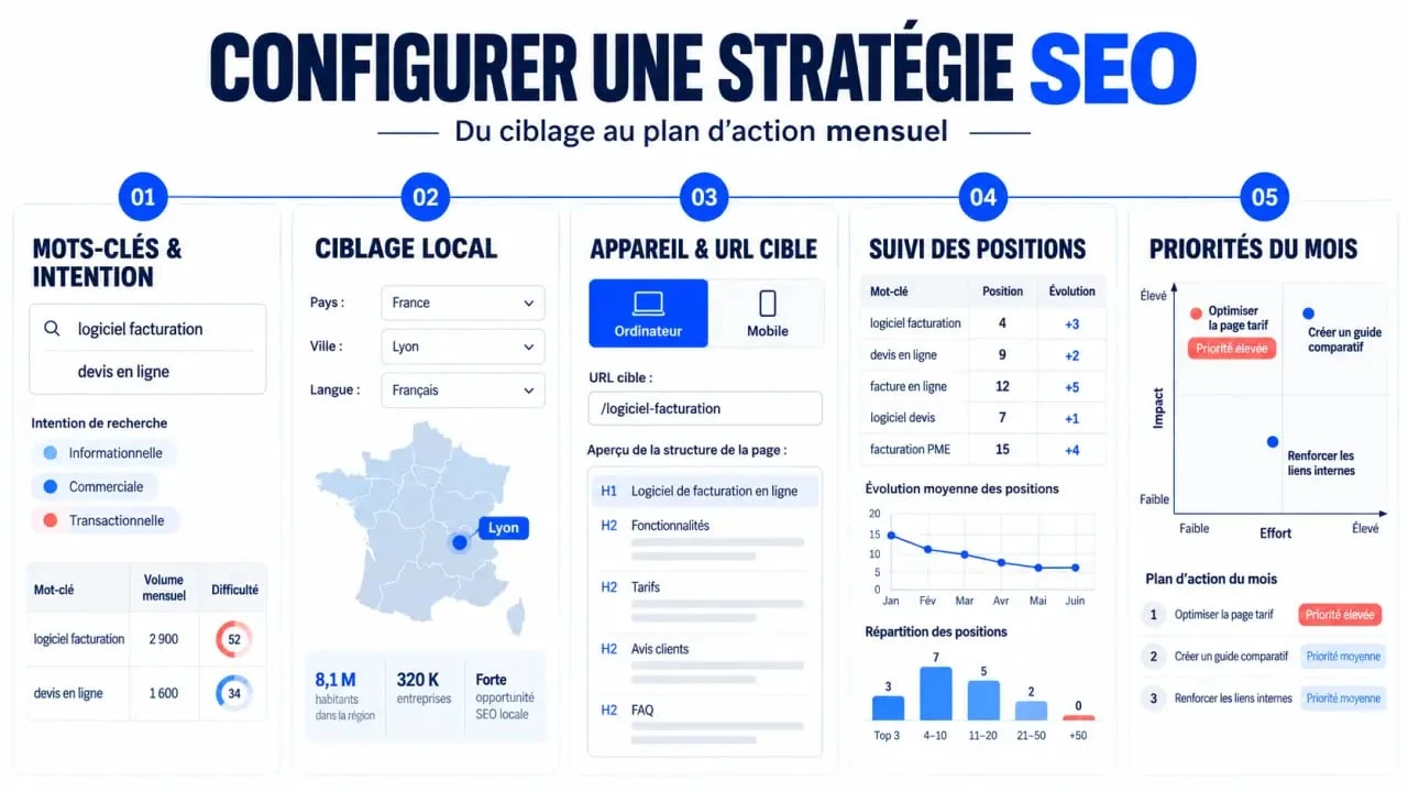 Configuration d’une stratégie seo business ranker pro avec mots-clés, géolocalisation et suivi des positions