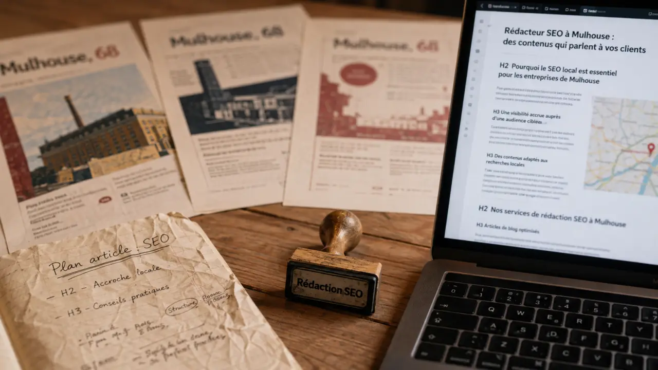 Rédaction seo page web Mulhouse, carnet et écran avec plan H2/H3
