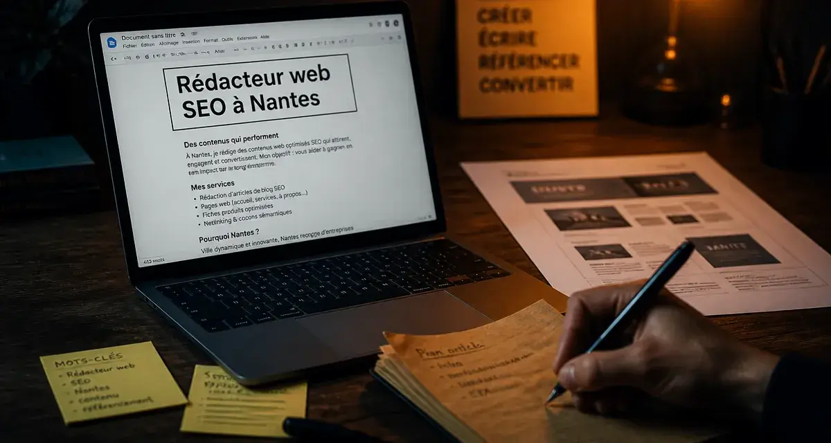 Rédaction web Nantes : bureau SEO avec ordinateur portable et notes