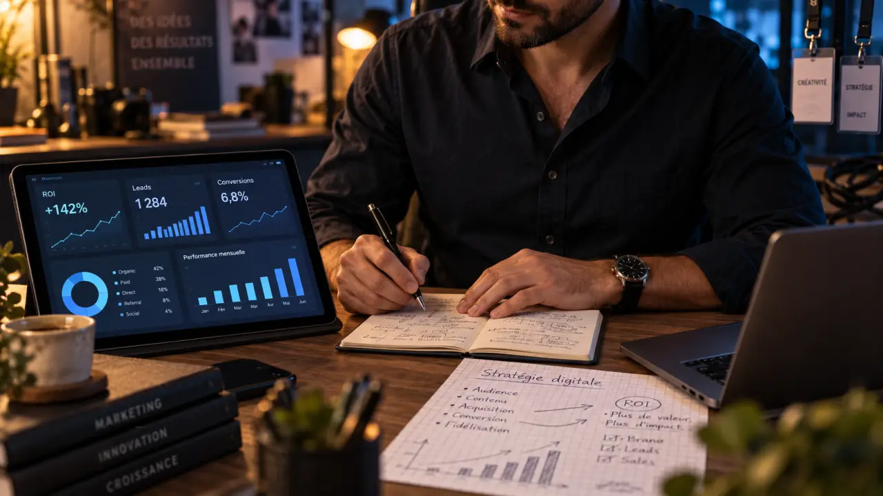 Digital marketing manager analysant des KPI et la stratégie digitale