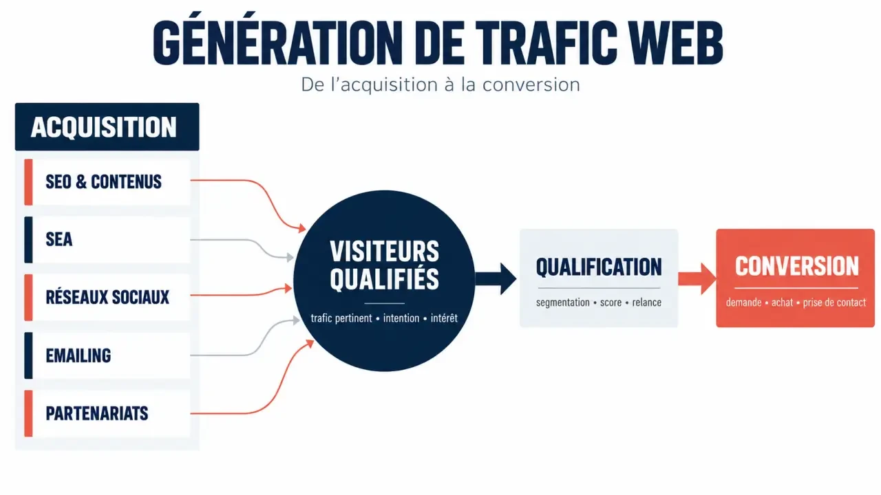 Schéma de génération de trafic web présentant les canaux d’acquisition jusqu’à la conversion